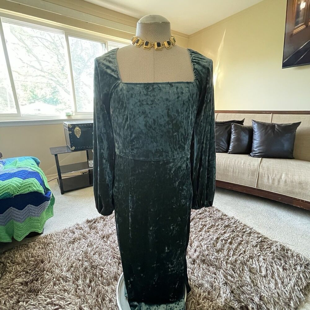 Ava & Viv Women’s 1X Dress, Velvet with Square Neckline, Green, Tie Back Forest - Picture 4 of 13